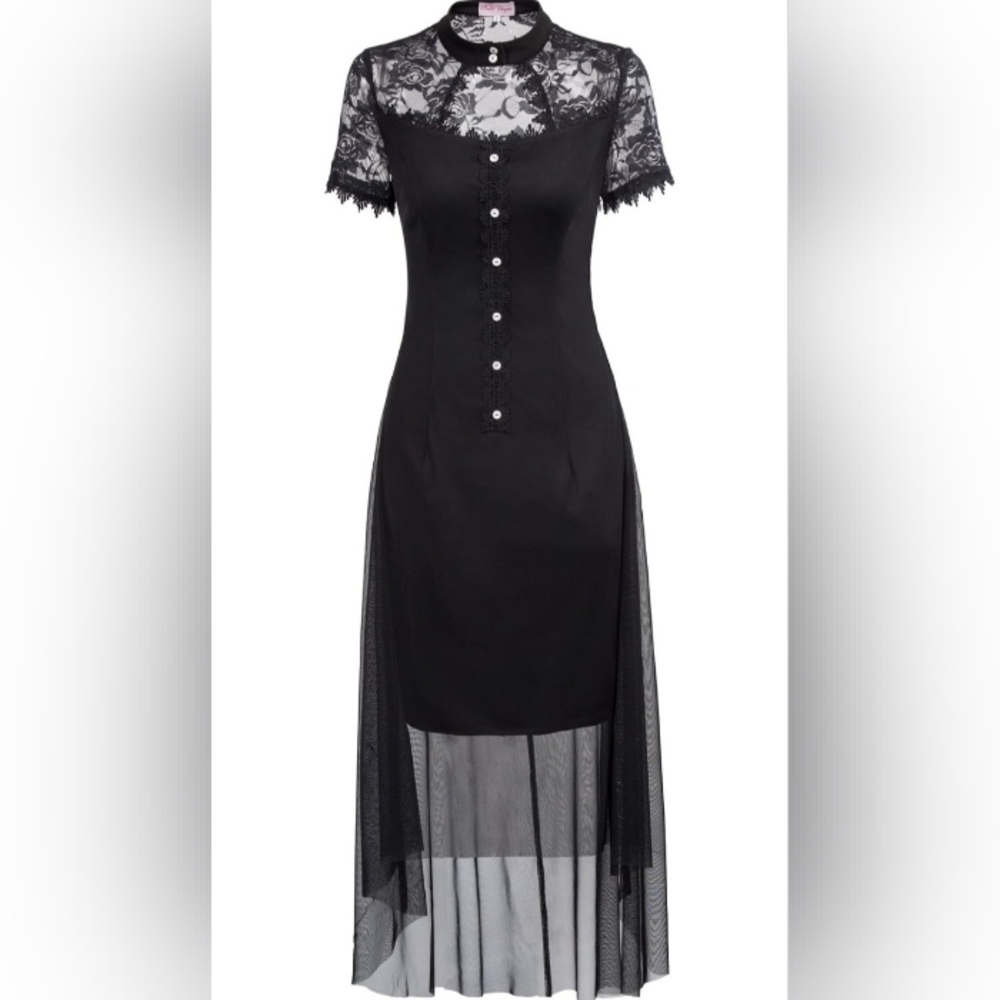 Belle Poque Dress Lace Overlay Black Midi High Low Hem M